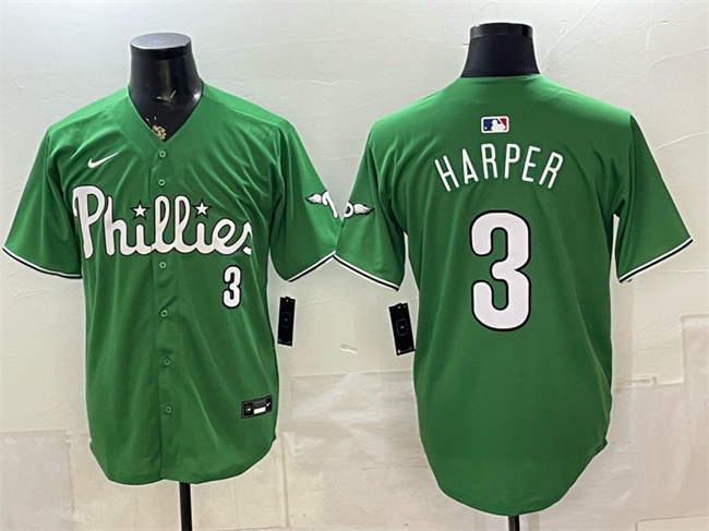 Men's Philadelphia Phillies #3 Bryce Harper Green Limited Stitched Jersey Men's Philadelphia Phillies #3 Bryce Harper Green Limited Stitched Jersey